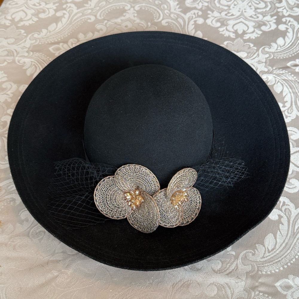John Callanan 100% Wool Hat Black Featuring Satin Roses & Lace Champagne Color